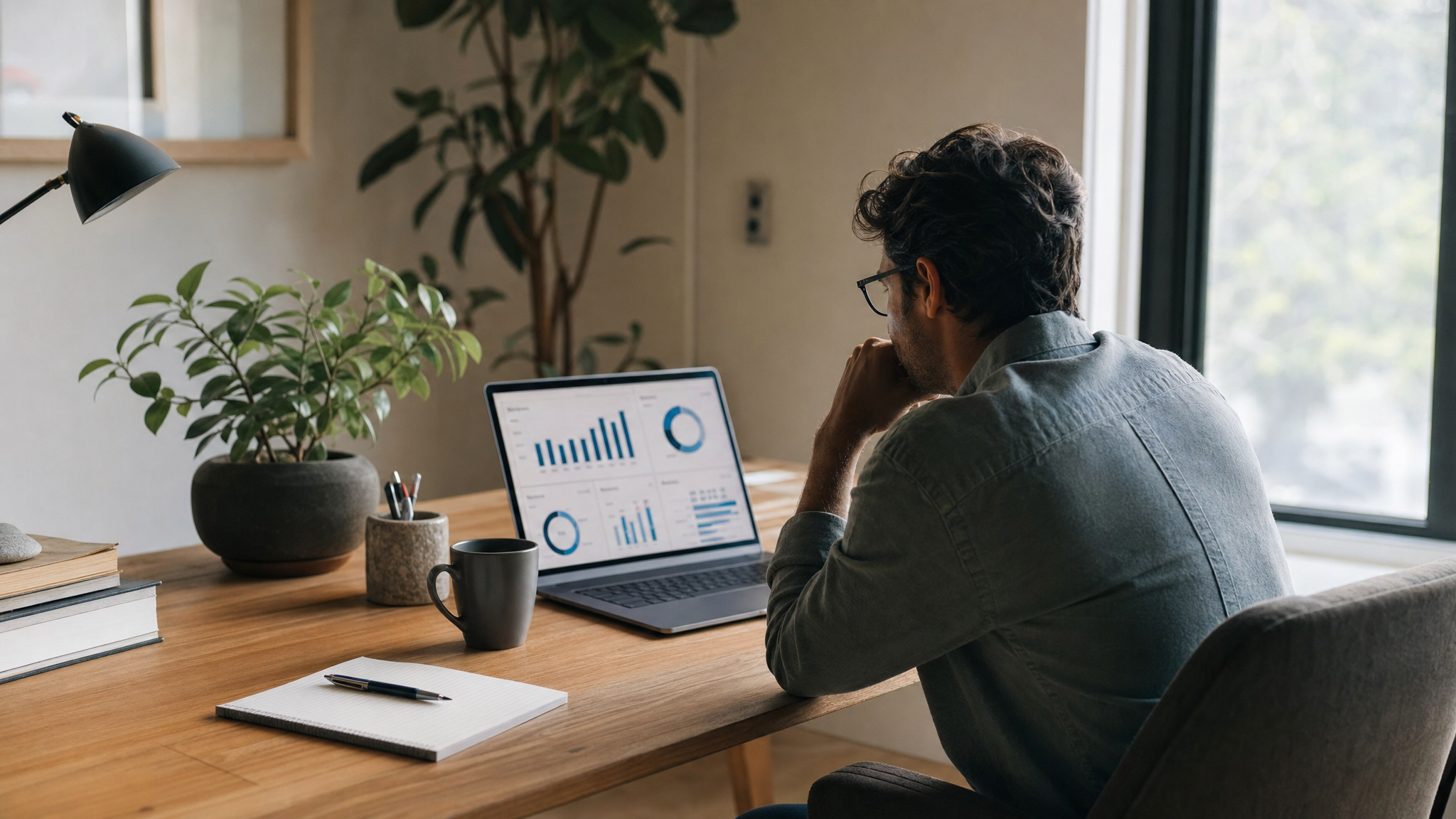 Creator reviewing analytics data at a minimalist desk