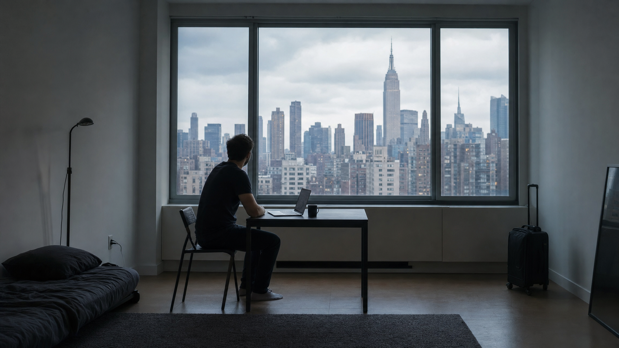 A creator alone in a sparse rented apartment, looking out at a city — the tenant economy