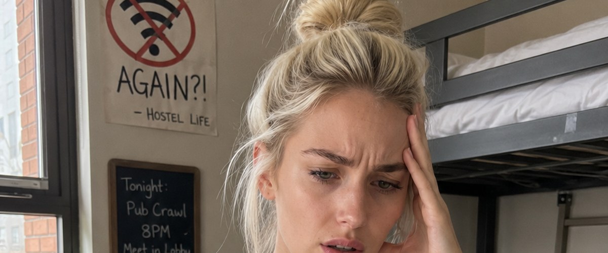Piper frustrated at her laptop in a hostel room with a NO WIFI AGAIN sign on the wall