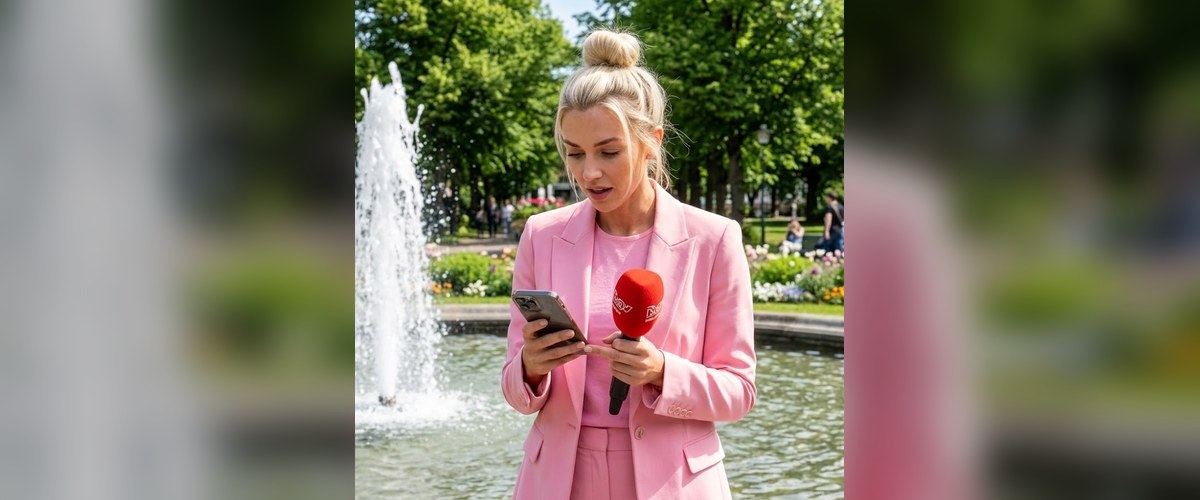 Piper checking her analytics at the fountain — slow burn vs. viral content